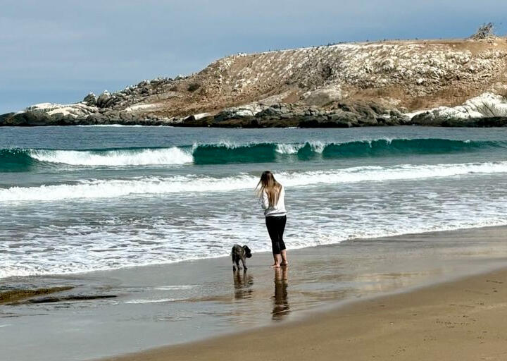 Indira caminando por la playa junto a su perrita